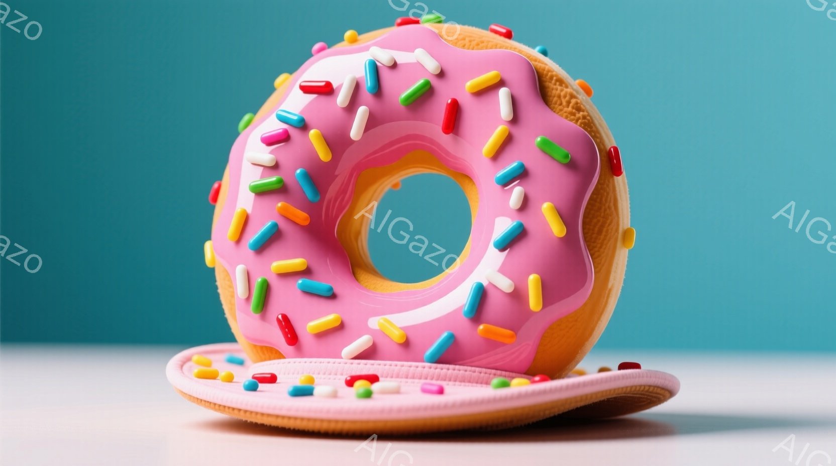 明るいターコイズブルーの背景に、ピンク色のアイシングとカラフルなスプリンクルが飾られたドーナツが置かれています。ドーナツは薄い茶色の生地で、白いクリームの上に載っています。全体的に、甘くて楽しい、ポッ - AI生成フリー素材