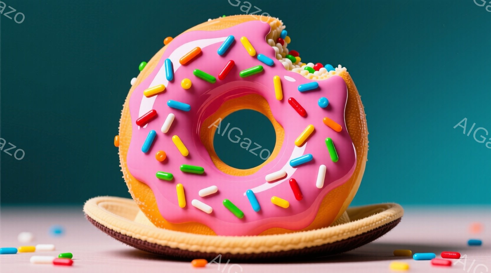 ピンク色のアイシングとカラフルなスプリンクルが施されたドーナツが、茶色のクッキーのような台に置かれています。背景はターコイズブルーで、ドーナツの周りには小さなキャンディが散らばっています。全体的に鮮や - AI生成フリー素材