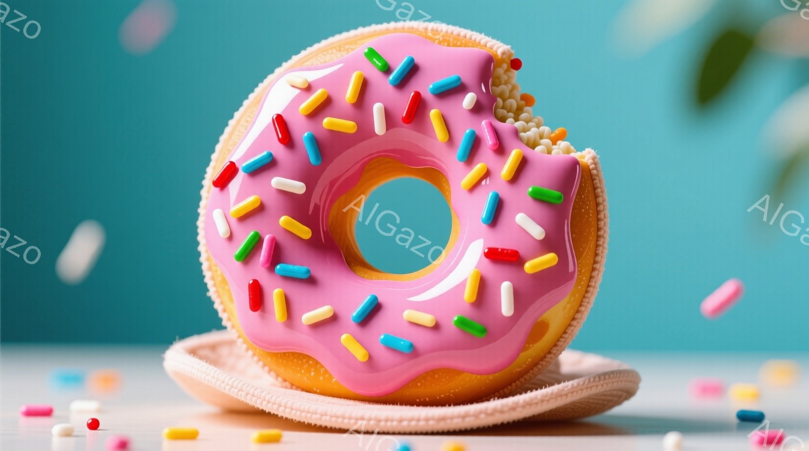 鮮やかな水色の背景に、ピンク色のアイシングとカラフルなスプリンクルが施されたドーナツが置かれています。ドーナツは、まるで服を着ているかのように、ピンク色のフリル状の装飾に包まれており、周囲には小さなキ - AI生成フリー素材