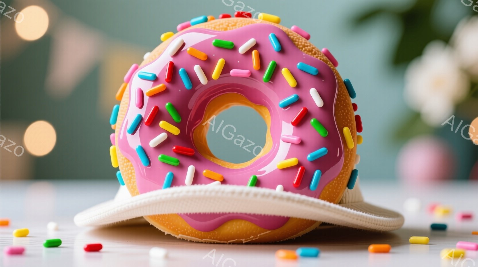 ピンク色のアイシングとカラフルなスプリンクルが施されたドーナツが、クリーム色の帽子をかぶったように配置されています。背景はぼやけた緑色と白の花で、柔らかく夢幻的な雰囲気を醸し出しています。ドーナツの周りには、スプリンクルの破片が散らばり、遊び心のある雰囲気を演出しています。