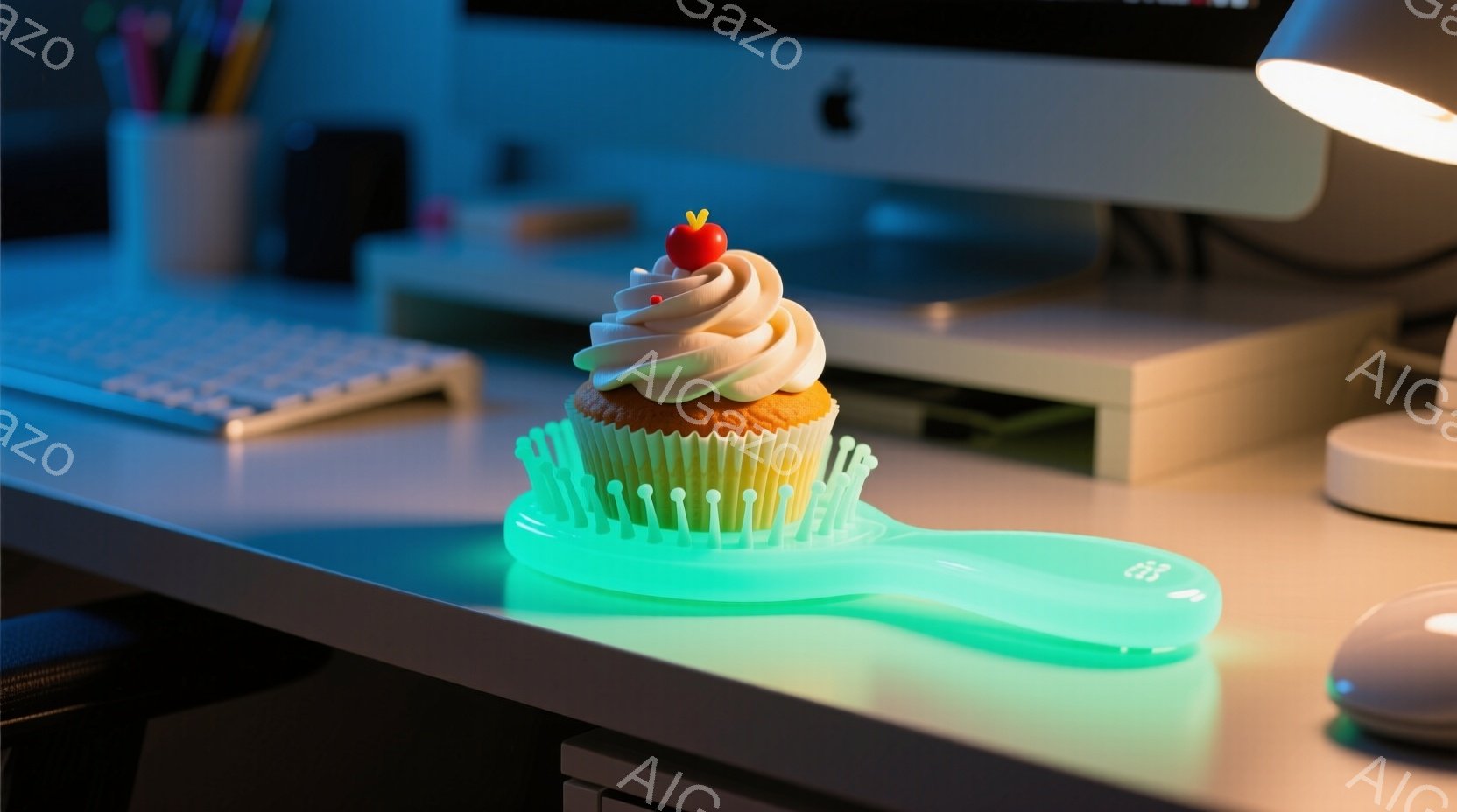 机の上に、クリームとサクランボが飾られたカップケーキが置かれています。カップケーキの下には、緑色のヘアブラシが光っており、背景にはパソコンと文房具が見えます。全体的に、鮮やかな光と色彩が、遊び心のある雰囲気を作り出しています。