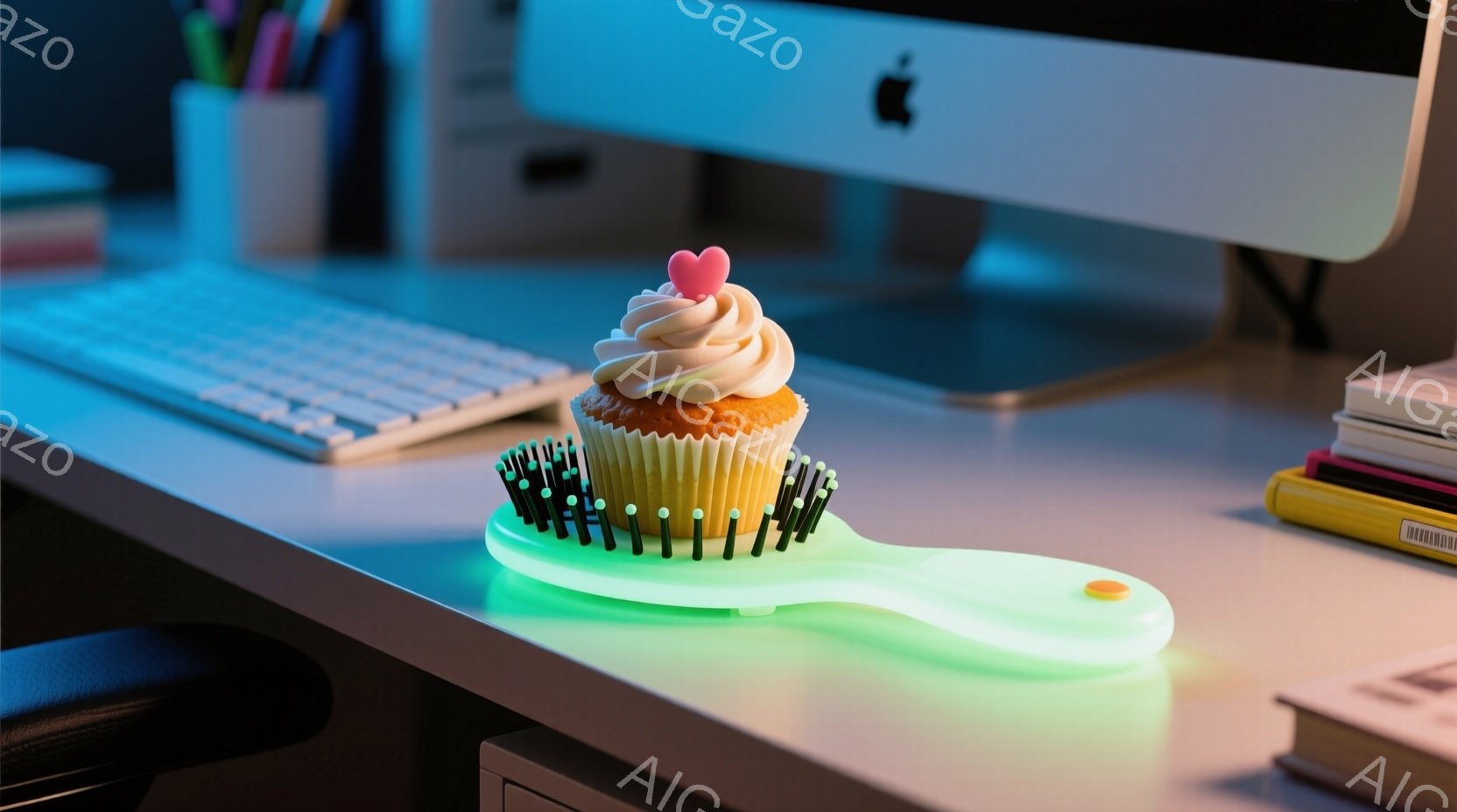 机の上に、鮮やかなピンク色の背景ライトに照らされた、霜をかぶったカップケーキがブラシの上に置かれています。キーボード、本、ペン立てが背景にあり、モダンなワークスペースの雰囲気です。全体的に、遊び心がありカラフルな画像で、創造的な作業空間を示唆しています。