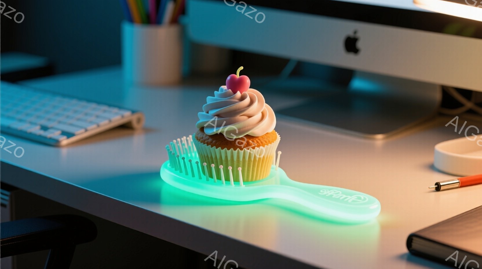 鮮やかなターコイズブルーの光に照らされたデスクの上に、クリームとサクランボをトッピングしたカップケーキが置かれています。そのカップケーキは、まるでブラシのような形状の光る台座の上に載っており、デスクに - AI生成フリー素材