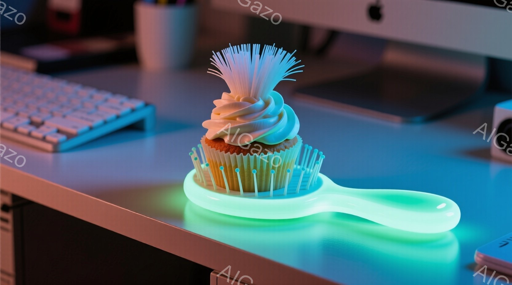 明るい青と緑の光に照らされた、クリームをたっぷり塗ったカップケーキが、奇妙なブラシのような台座の上に置かれています。背景には、キーボードやペン立て、そしてぼんやりとしたコンピューターのモニターが見え、全体的に未来的で少しシュールな雰囲気を醸し出しています。光の反射が、カップケーキと台座の独特な質感を強調し、遊び心のある視覚的効果を生み出しています。