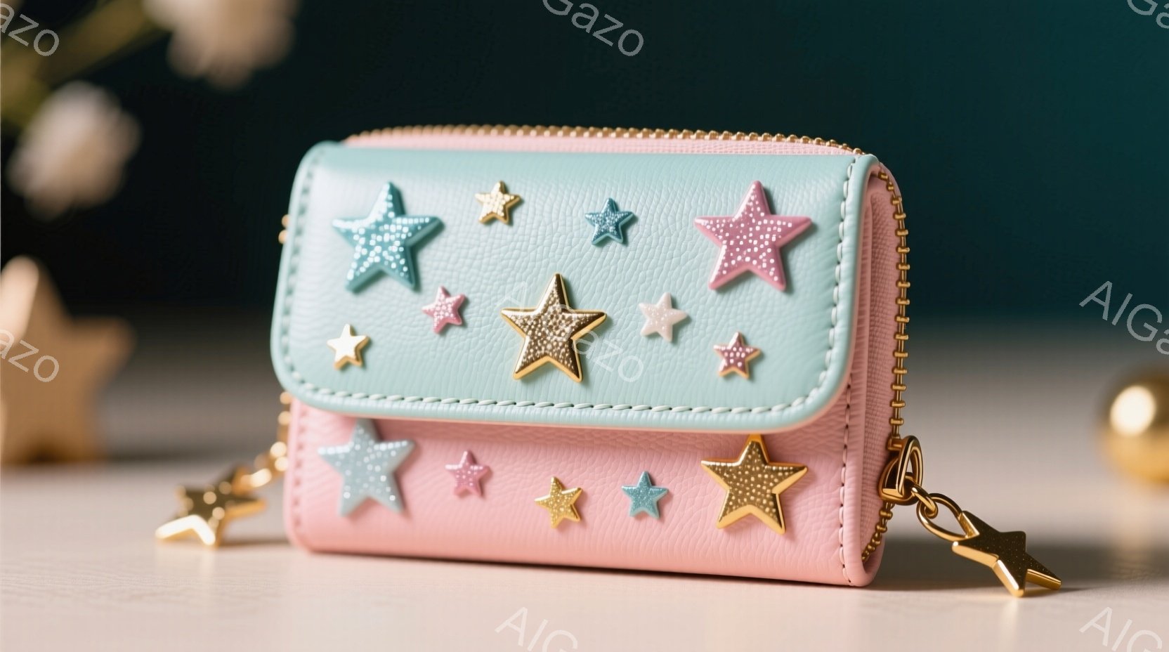 淡いピンクと水色のバイカラーのコンパクトな財布が、白いテーブルの上に置かれています。財布全体に、金色の縁取りがされた様々な色の星のモチーフが散りばめられており、チャームにも星が付いています。背景にはぼ - AI生成フリー素材