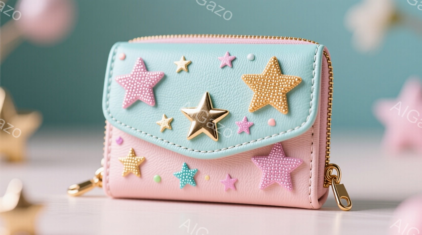 淡いピンクと水色のバイカラーの財布が、星形の装飾で飾られています。星は金、ピンク、水色のラメまたはビーズで彩られ、可愛らしい印象を与えます。背景には、ぼやけたピンク色の星形のモチーフが散りばめられており、全体的に夢のような、ファンタジックな雰囲気を醸し出しています。