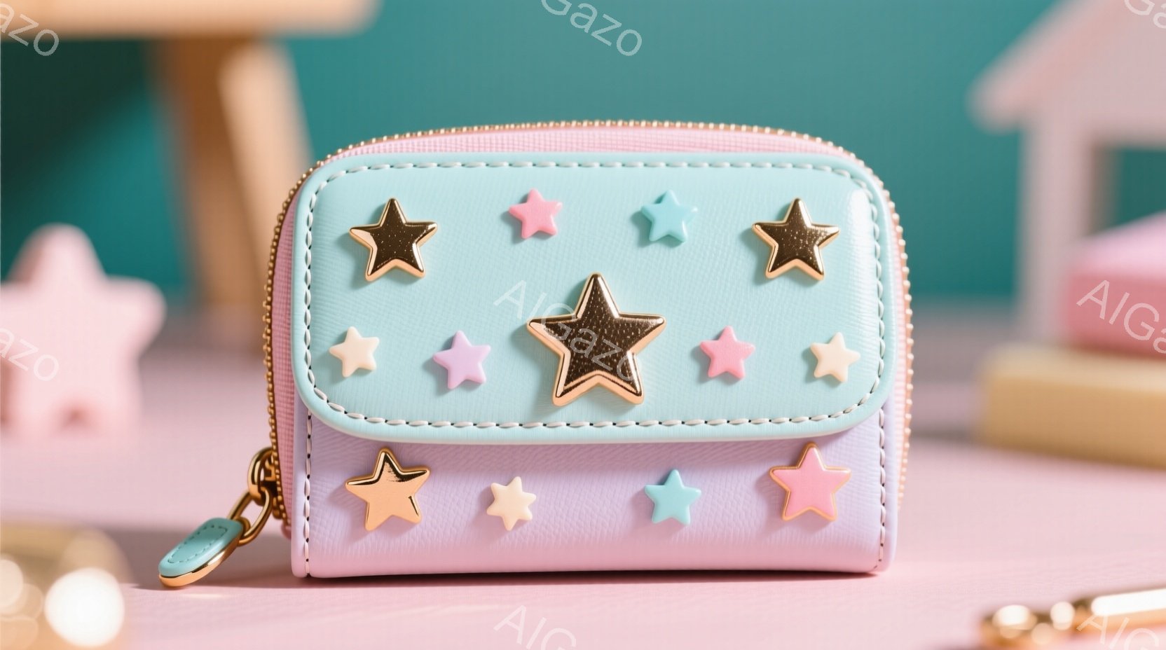 淡いピンクと水色のバイカラーのコンパクトな財布が写っています。財布には様々な色の立体的な星が縫い付けられており、ジッパーのチャームも水色で可愛らしい印象を与えます。背景にはパステルカラーの家型のオブジェが見え、全体的に夢可愛らしい雰囲気です。