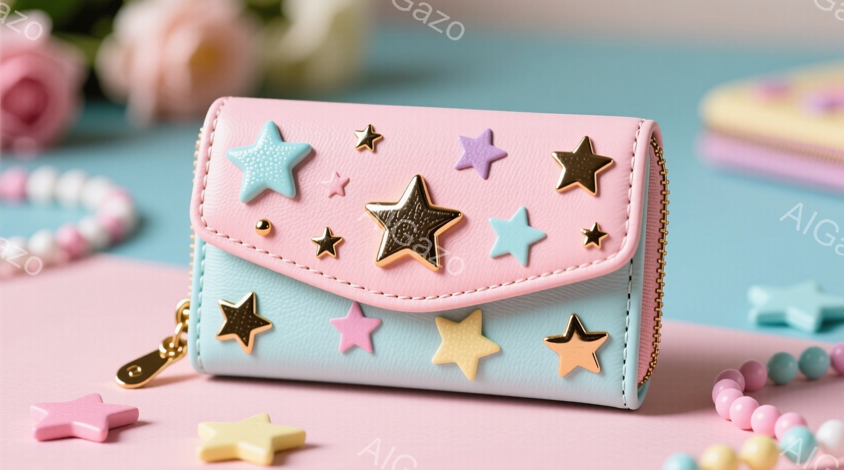 淡いピンクと水色のバイカラーの財布が、星形のモチーフがあしらわれており、可愛らしい印象を与えます。財布の周りには、同じ星形のモチーフが散りばめられており、背景にはパステルカラーのビーズと、ぼやけた花のような装飾が見えます。全体的にパステルカラーで統一されており、夢可愛く、柔らかい雰囲気を醸し出しています。