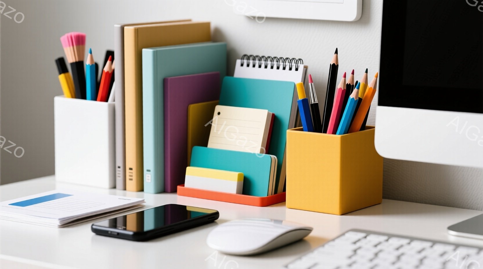 白い机の上に、カラフルな文房具やノート、スマートフォン、ワイヤレスマウス、そしてMacのコンピュータが整然と並べられています。ノートやペン立ては鮮やかな青、黄、オレンジ色で、全体的に明るく創造的な雰囲気を醸し出しています。背景はシンプルで、整理整頓された作業スペースを強調しており、集中して作業できる環境を示唆しています。