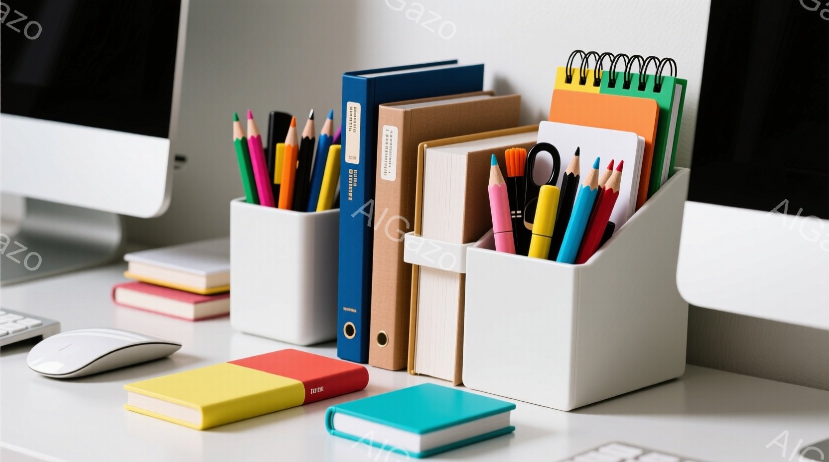 白いデスクの上に、カラフルな文房具やノートが整然と並べられています。ファイル、ペン立てに立てられた鉛筆やペン、そして様々な色のハードカバーノートが、整理整頓された学習または作業スペースを表現しています。全体的に、明るく清潔で、集中力を高めるような、ミニマルな雰囲気です。