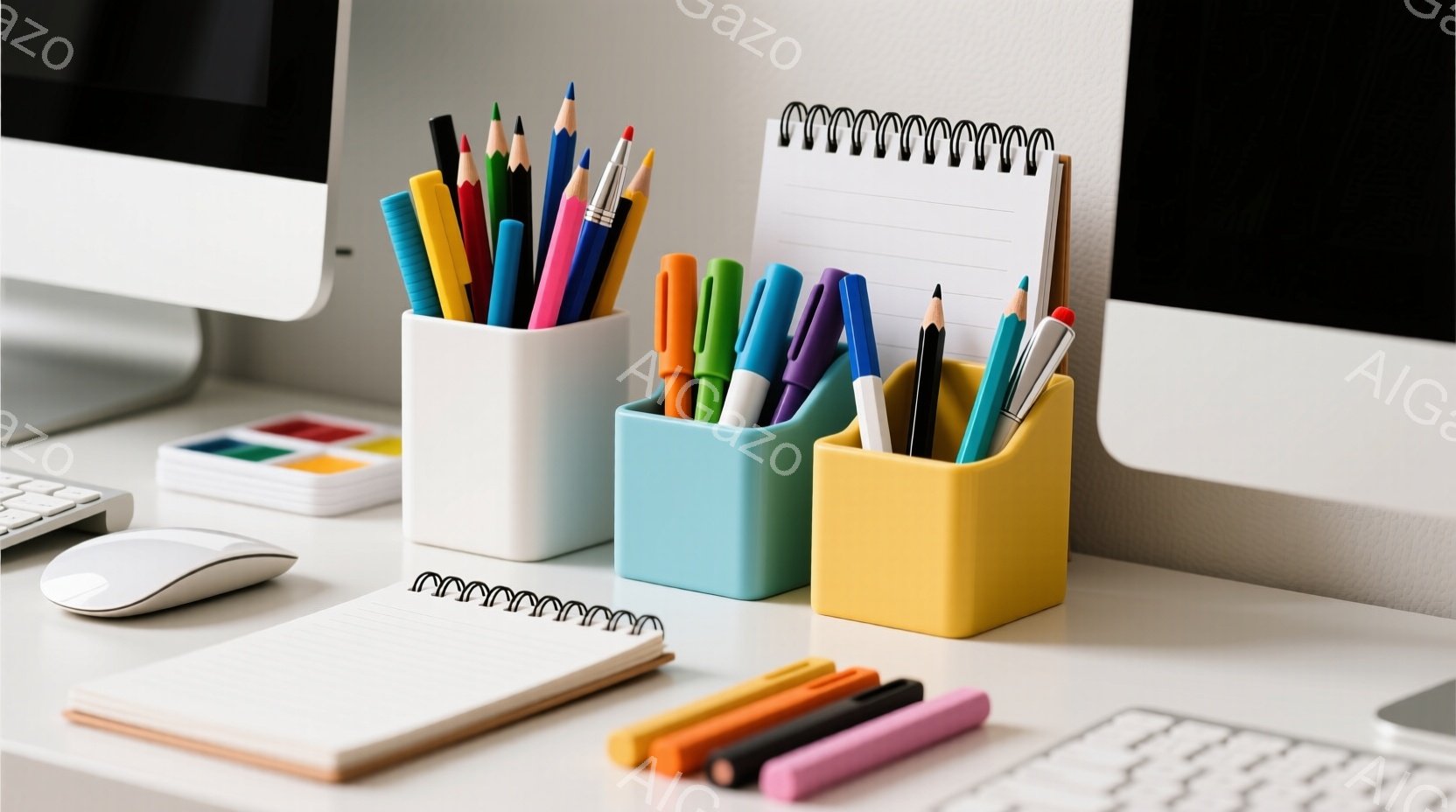 白い机の上に、コンピューターのモニター、キーボード、マウスが置かれています。カラフルなペンと鉛筆が３つの異なる色の容器に整理され、小さな水彩絵の具のパレットも並んでいます。ノートが２冊開いており、明るく整理整頓された作業スペースを表現しています。