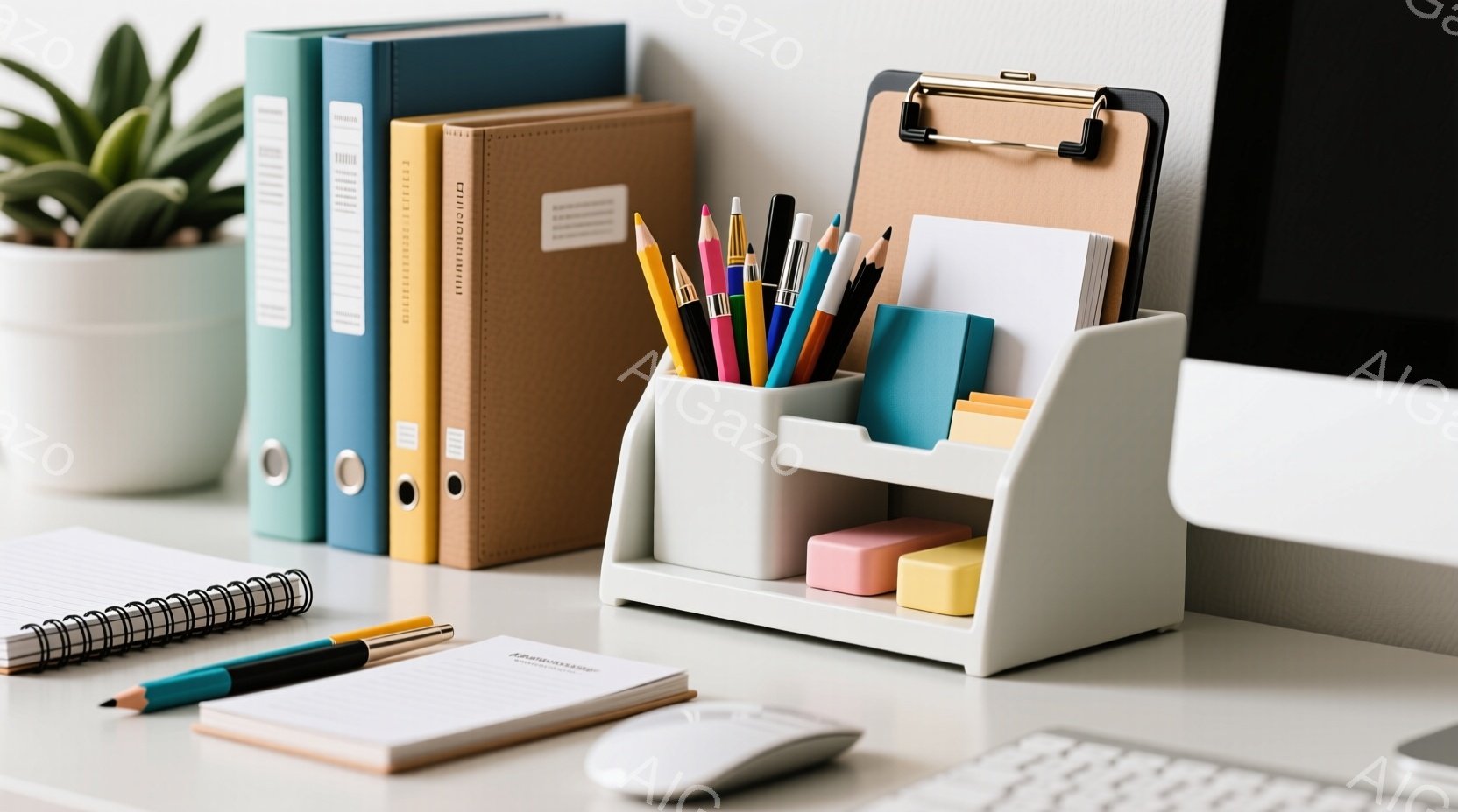 白いデスクの上に、カラフルなペン立て、ノート、ファイル、そしてコンピューター機器が整然と並んでいます。ペン立てには様々な色のペンが立てられ、ノートとファイルは様々な色合いで、事務的な作業空間を演出しています。全体的に清潔感があり、集中して作業に取り組めるような落ち着いた雰囲気が漂っています。