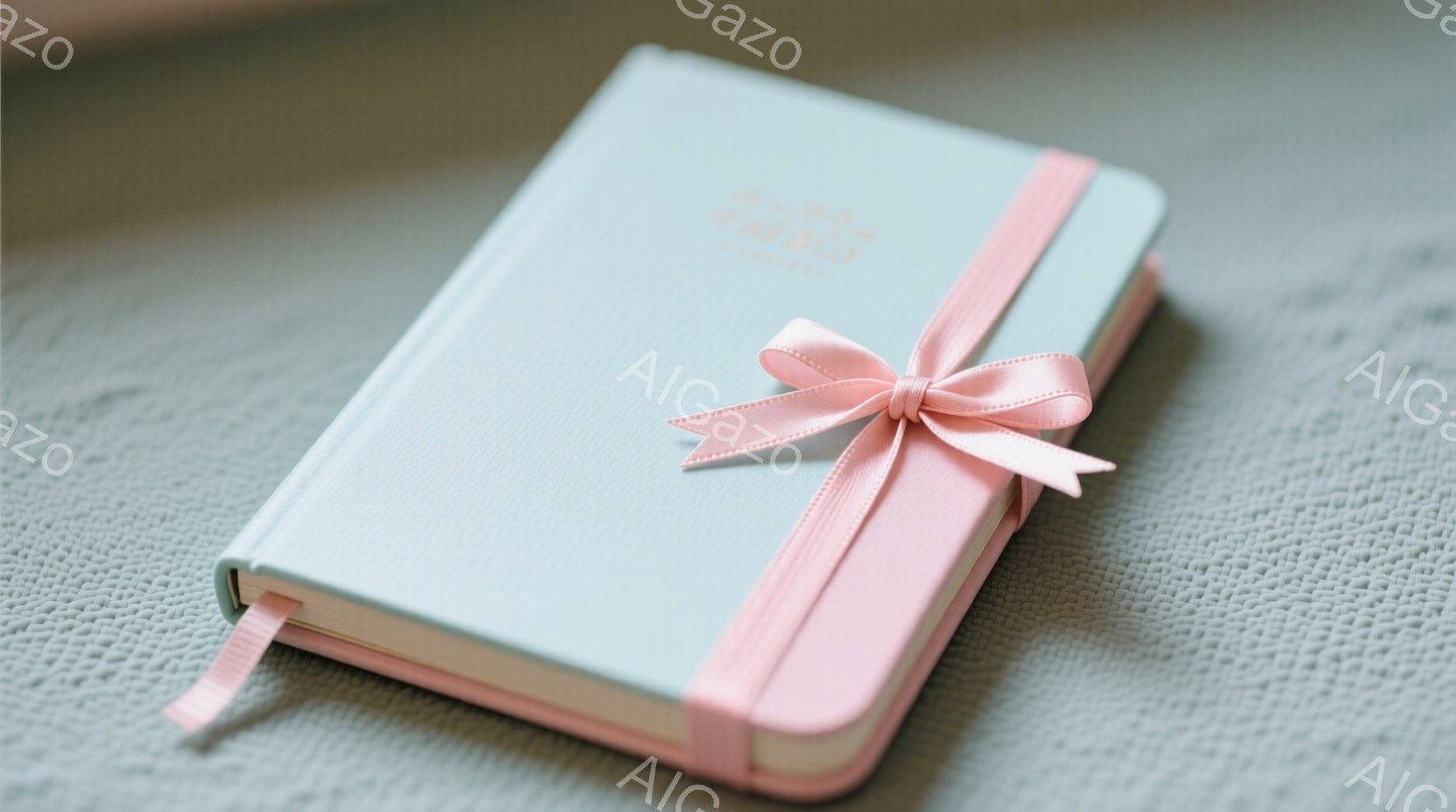 淡い水色の表紙のノートが、ピンクのリボンで結ばれて置かれています。ノートの表紙には金色の文字が書かれており、上質で上品な印象を与えます。背景は、同じ色のテクスチャード加工された布で、ノートが際立つよう - AI生成フリー素材