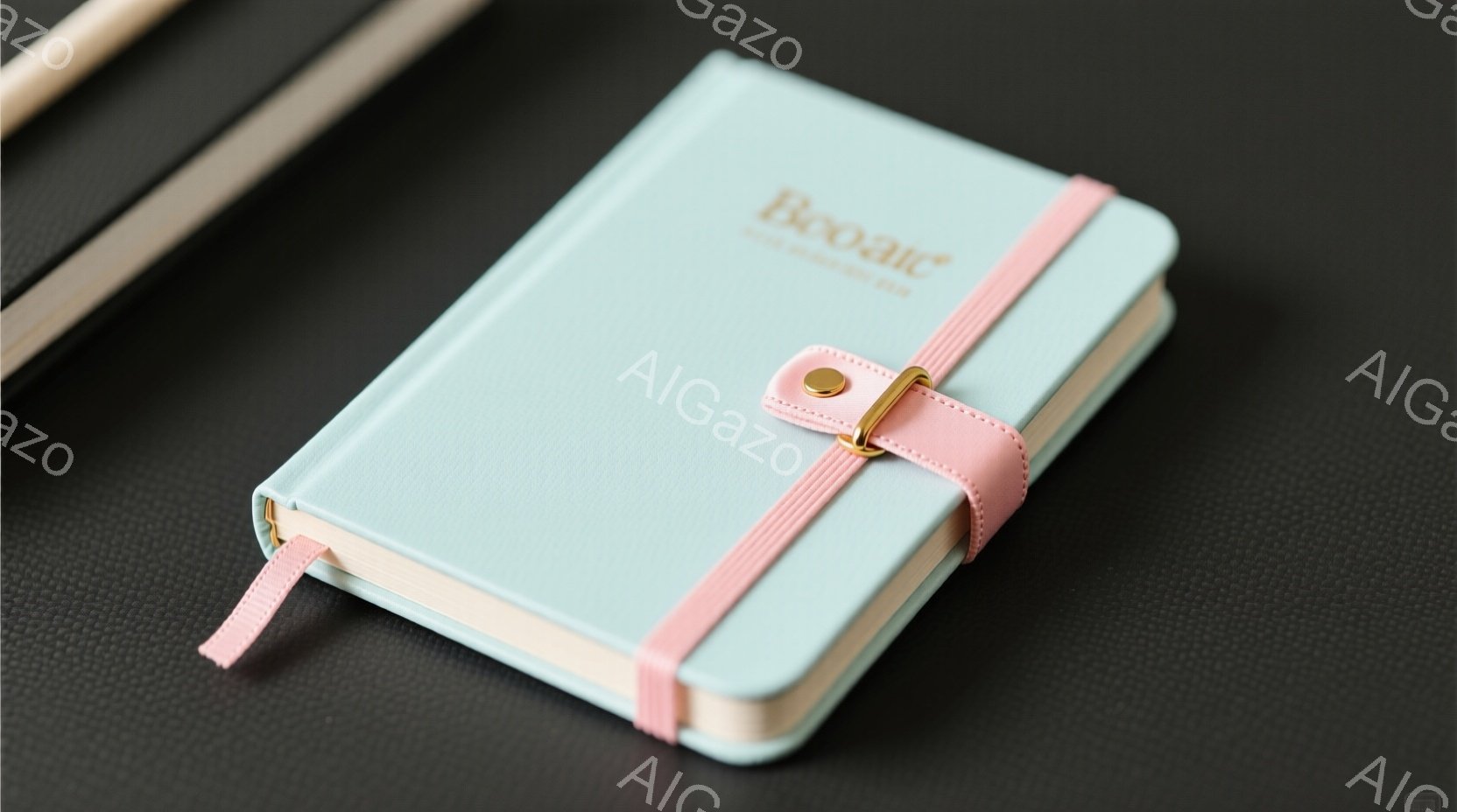 淡い水色の表紙にピンクのリボンが巻かれたノートが写っている。ノートの表紙には金色の文字で「Booarc」と書かれており、上品で可愛らしい印象を与える。背景は暗いグレーで、ノートが際立って見えるように工 - AI生成フリー素材