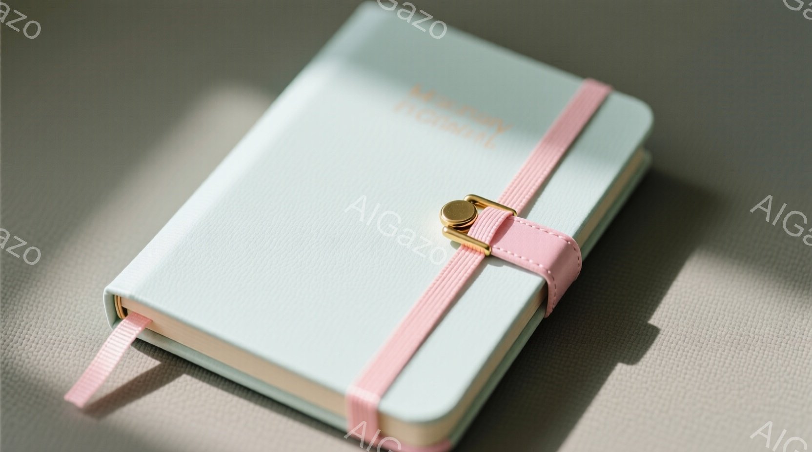 淡い水色のハードカバーノートが、薄いピンクのリボンで留められています。ノートの表紙には金色の文字で「MEMORY」と書かれており、上品な印象を与えます。背景は明るいグレーで、ノートに影が落ち、立体感を強調しています。
