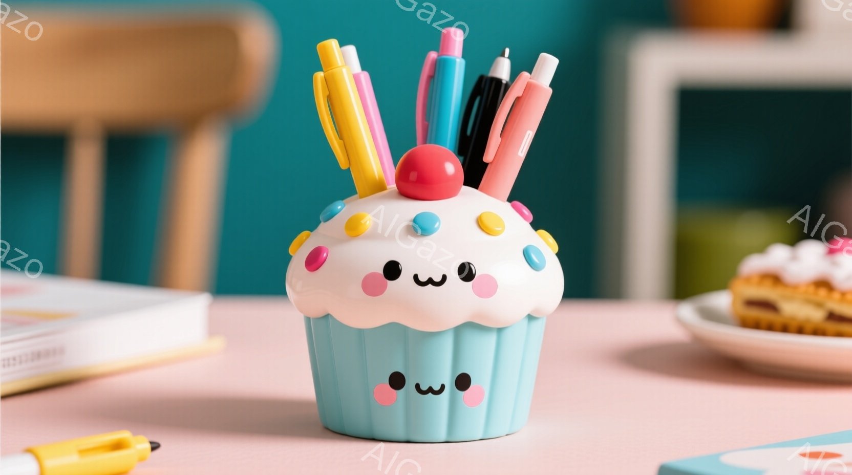 ターコイズブルーのテーブルの上に、かわいいカップケーキ型のペン立てが置かれています。ペン立てには様々な色のペンが立てられており、カップケーキの顔には丸い目と微笑みが描かれています。背景には、本とデザー - AI生成フリー素材