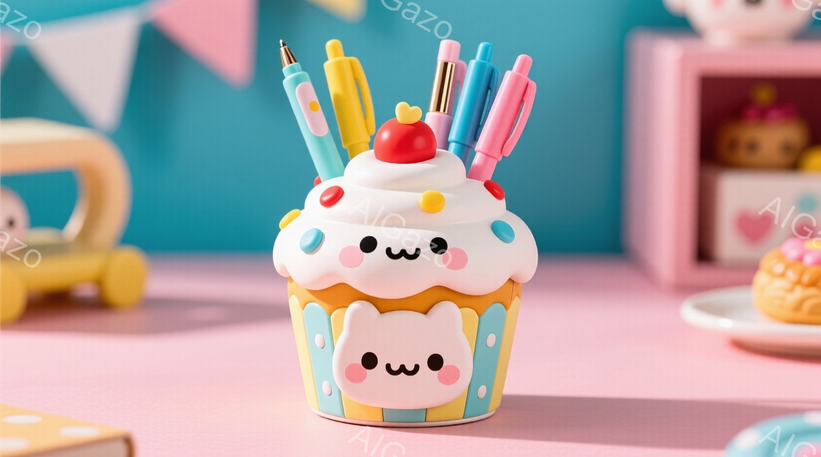 明るいパステルカラーの背景に、カップケーキの形をしたペン立てが置かれています。ペン立ては、ピンクのクリーム、黄色のケーキ、水色のカップで構成され、愛らしい表情をしています。背景には、おもちゃや甘いお菓子が置かれ、全体的に可愛らしく、遊び心のある雰囲気を醸し出しています。