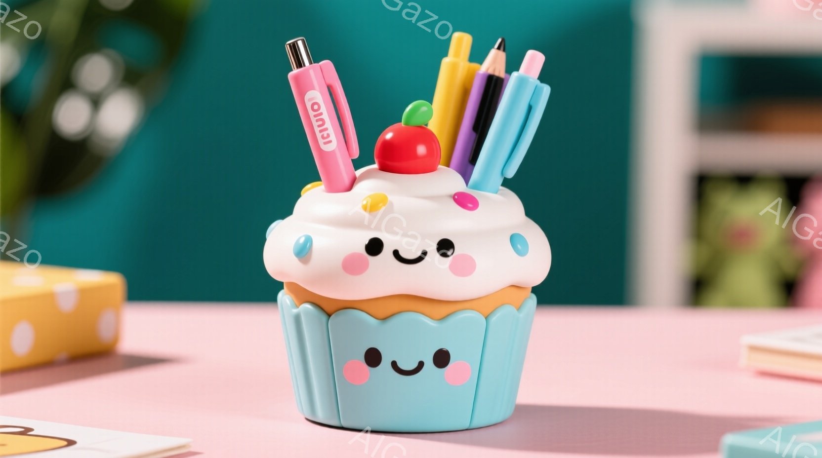 明るいピンク色のテーブルの上に、かわいらしいカップケーキ型のペン立てが置かれています。青色のカップ部分には笑顔が描かれており、白いクリームの上には赤いチェリーが飾られています。背景には、ぼやけた植物と - AI生成フリー素材