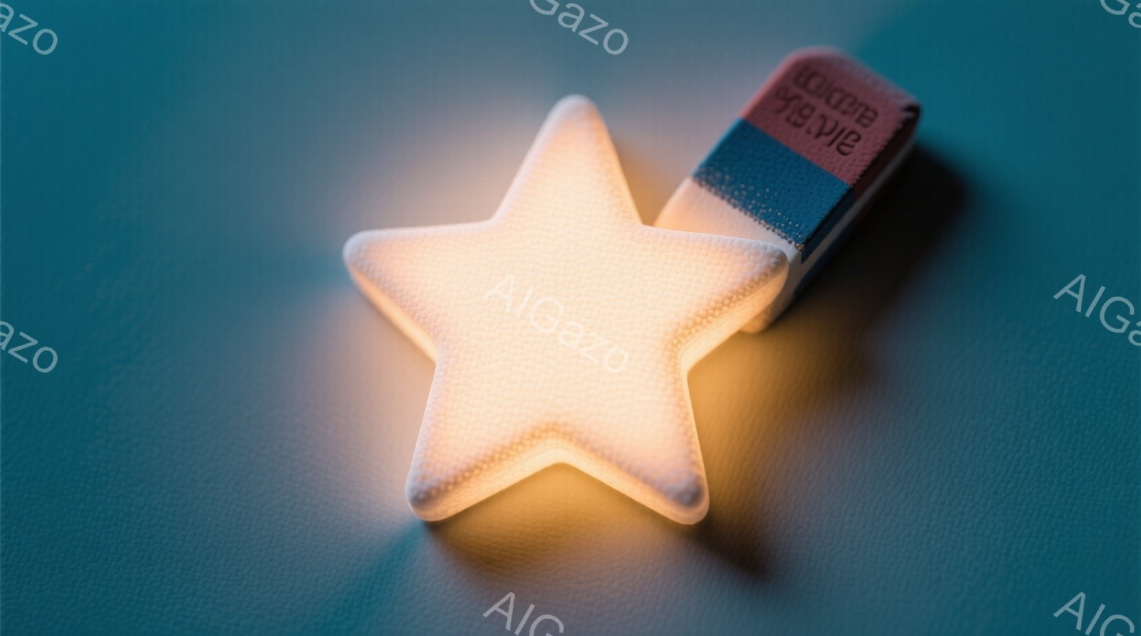 鮮やかなターコイズブルーの背景に、光を放つ白い星形のおもちゃが置かれています。星の右側には、黒と赤色の文字が刻印された擦り切れた消しゴムがわずかに見えます。全体的に、暖かく、夢のような、どこか懐かしい雰囲気を醸し出しています。