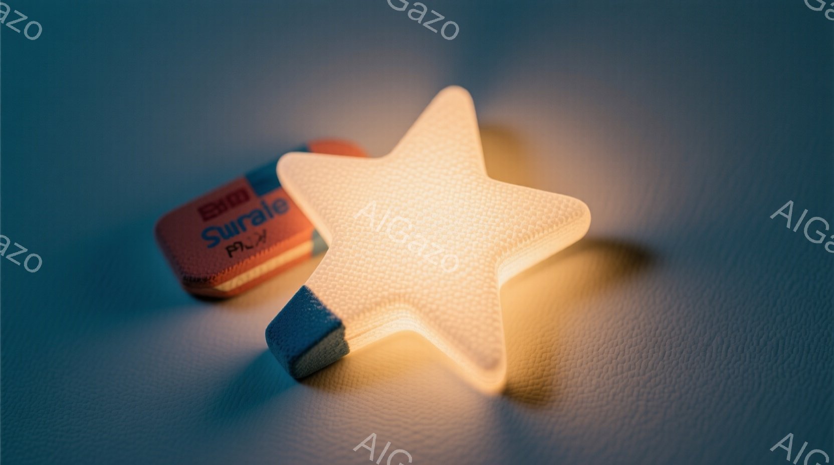 滑らかな質感の黄色い星形消しゴムが、濃い青色の革のような背景の上に置かれています。消しゴムの端にはグレーの短い軸が付いており、光が当たって影ができています。全体的に、暖かく落ち着いた雰囲気で、何かの創造的な作業に使われている様子が想像されます。