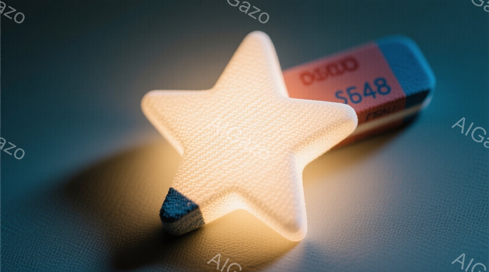 白くテクスチャのある星形の物体が写っており、左下には青と赤のストライプが入った小さな長方形の物体が見えます。星形は光を受けて明るく輝いており、背景はぼかした青グレーのテクスチャで、全体的に柔らかく夢幻 - AI生成フリー素材