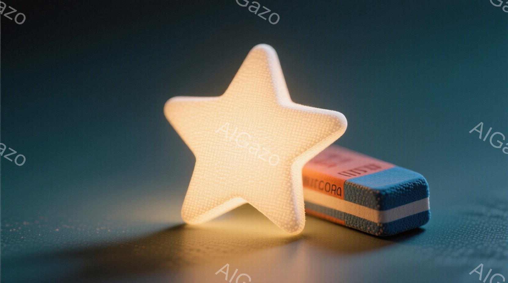 鮮やかなブルーとオレンジ色の消しゴムが、星型に切り抜かれた白いスポンジの隣に置かれています。背景は暗い青色で、下にはわずかな影が落ちています。全体的に、柔らかく、温かみのある光が放たれており、創造性と遊び心を感じさせる雰囲気です。