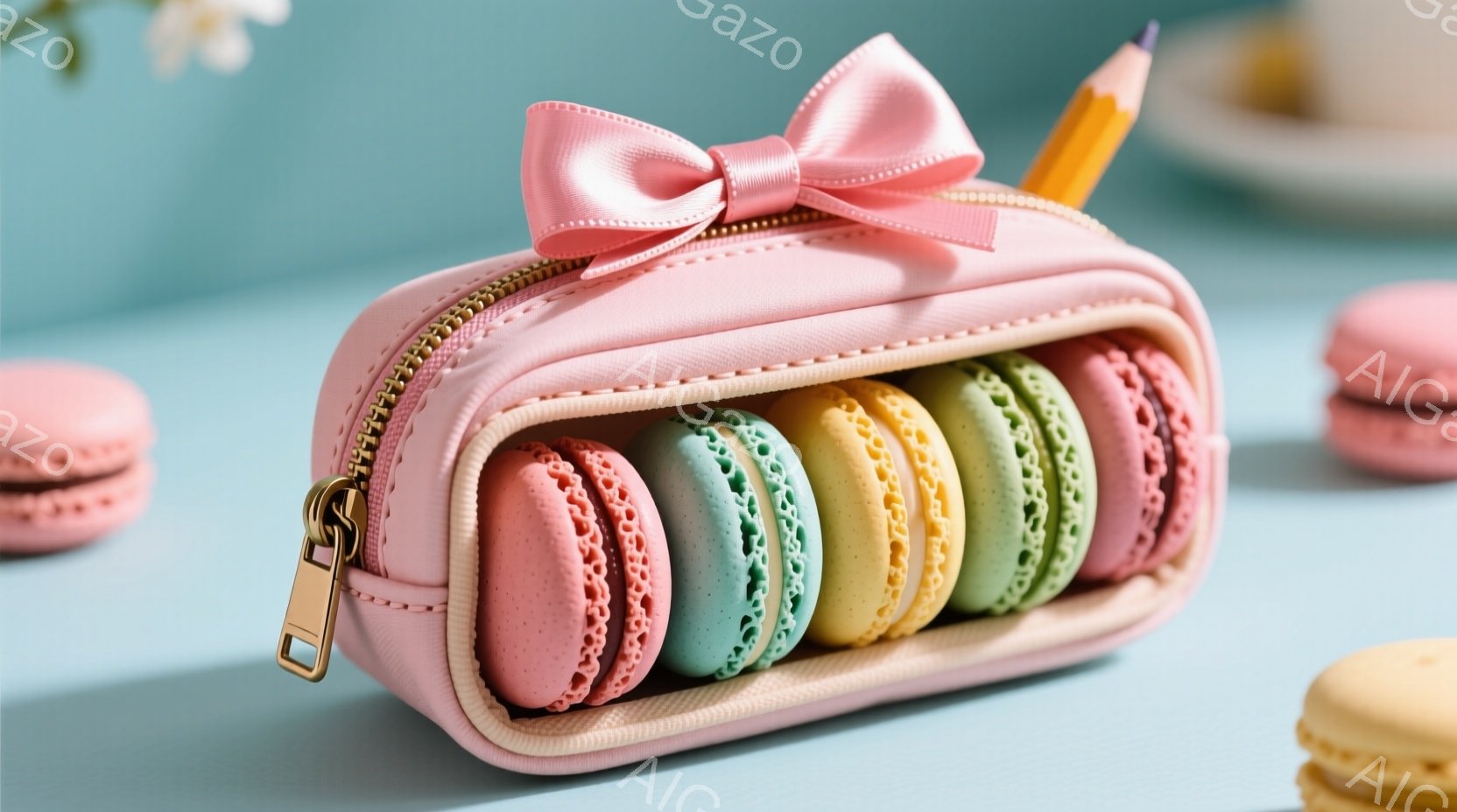 淡いピンク色のペンケースが、様々な色のマカロンで埋められています。ケースの上部には、同じピンク色のリボンが結ばれており、片隅には鉛筆が立てられています。背景は水色の単色で、他のマカロンがぼやけて写っており、可愛らしく、お菓子の世界のような雰囲気です。