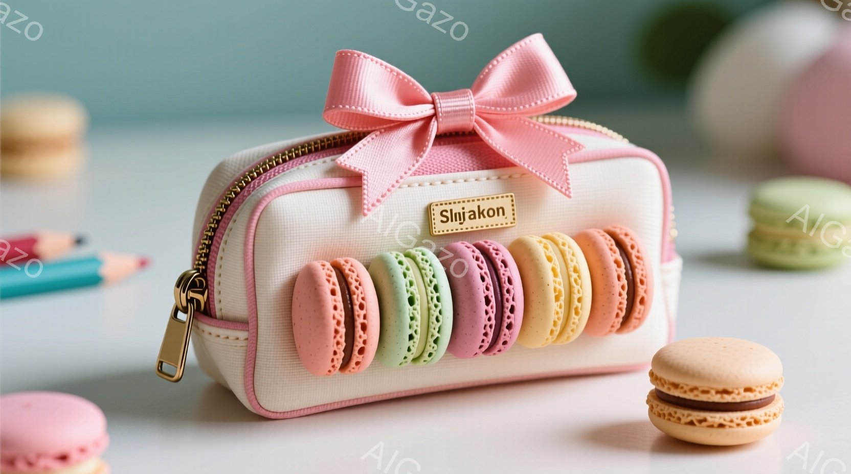 白地にマカロン柄が施されたペンケースが中央に配置されています。ピンクの大きなリボンがペンケースの上部についており、可愛らしい印象を与えます。背景には、パステルカラーのマカロンや鉛筆がぼんやりと配置され、全体的に甘くて優しい雰囲気を醸し出しています。