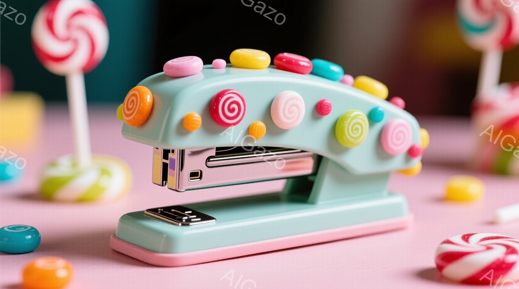 淡い水色のホッチキスが、カラフルなキャンディーで飾られており、まるで遊園地のアトラクションのようです。背景はピンク色で、キャンディーの散りばめられた床が、甘くて遊び心のある雰囲気を醸し出しています。全体的に、明るく楽しい、お菓子の国のようなイメージです。