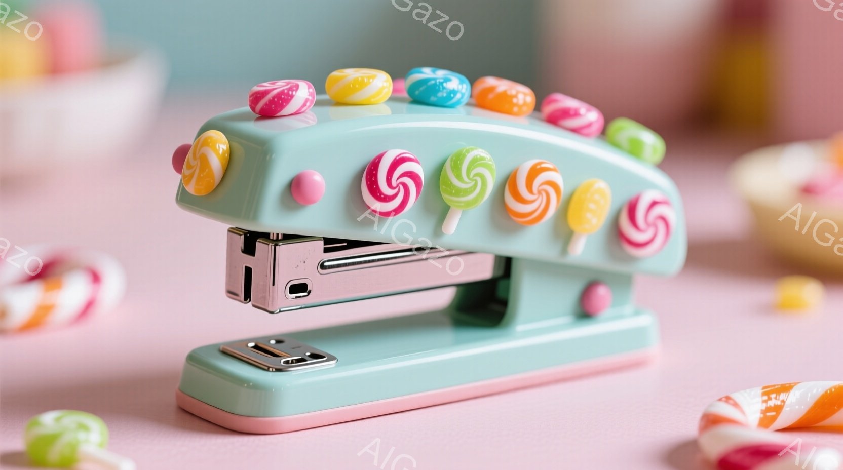 淡い水色のホッチキスが、キャンディで飾られて写真に写っています。背景は薄いピンク色で、キャンディが散りばめられており、全体的に甘くて可愛らしい雰囲気です。キャンディは赤、緑、青、黄色など様々な色で、ポ - AI生成フリー素材