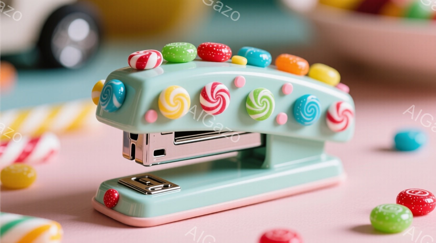 明るい水色のステープラーが、キャンディで飾られています。ステープラーの上には、赤、緑、ピンク、黄色の渦巻き模様のキャンディが並び、可愛らしい雰囲気を醸し出しています。背景は淡いピンク色で、キャンディが散りばめられており、全体的にポップで遊び心のある印象を与えます。