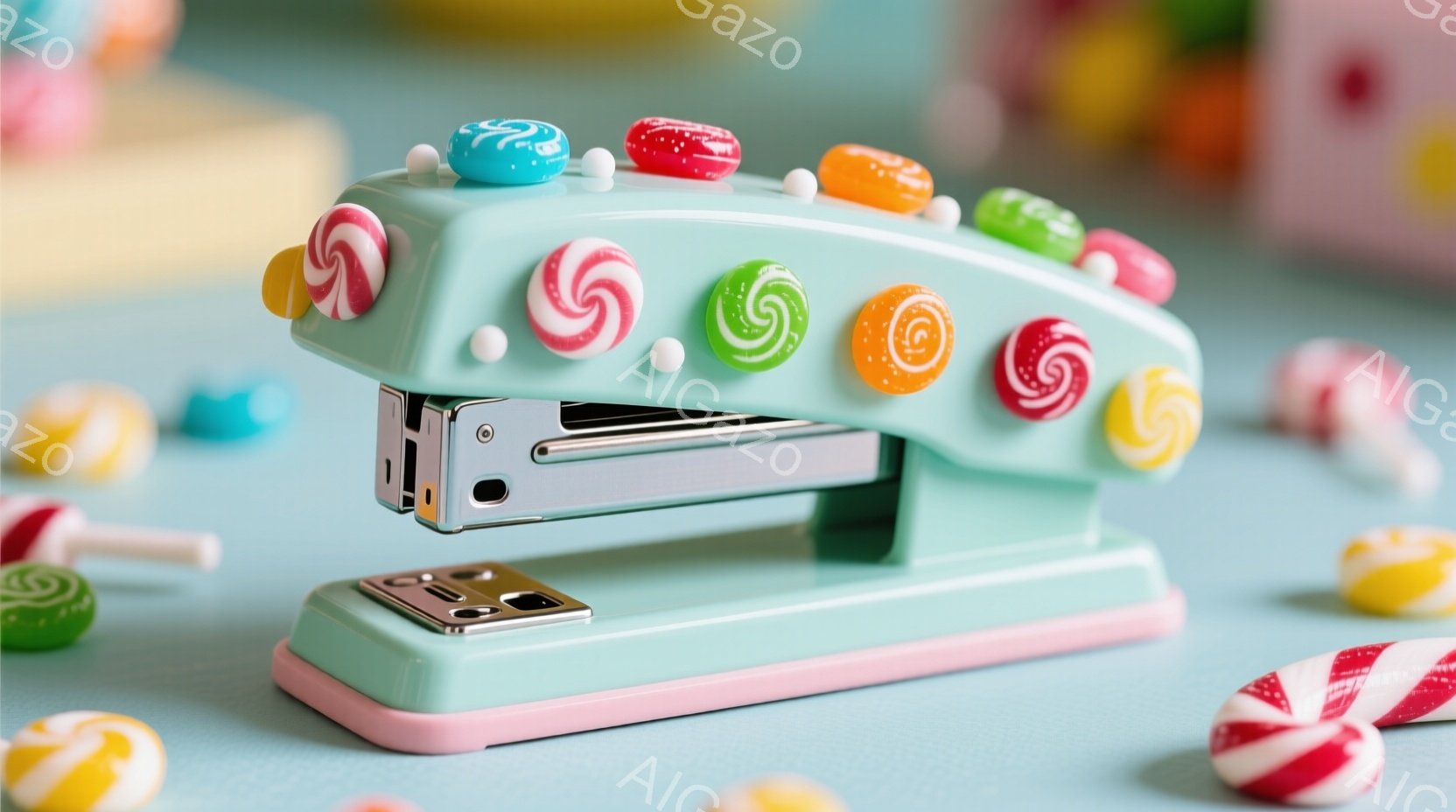 明るい水色のステープラーが、カラフルなキャンディで飾られています。ステープラーの上面には、渦巻き状のキャンディが並び、可愛らしい印象を与えます。背景は水色で、ステープラーの周りにはキャンディが散らばっており、お菓子のような甘い雰囲気を醸し出しています。