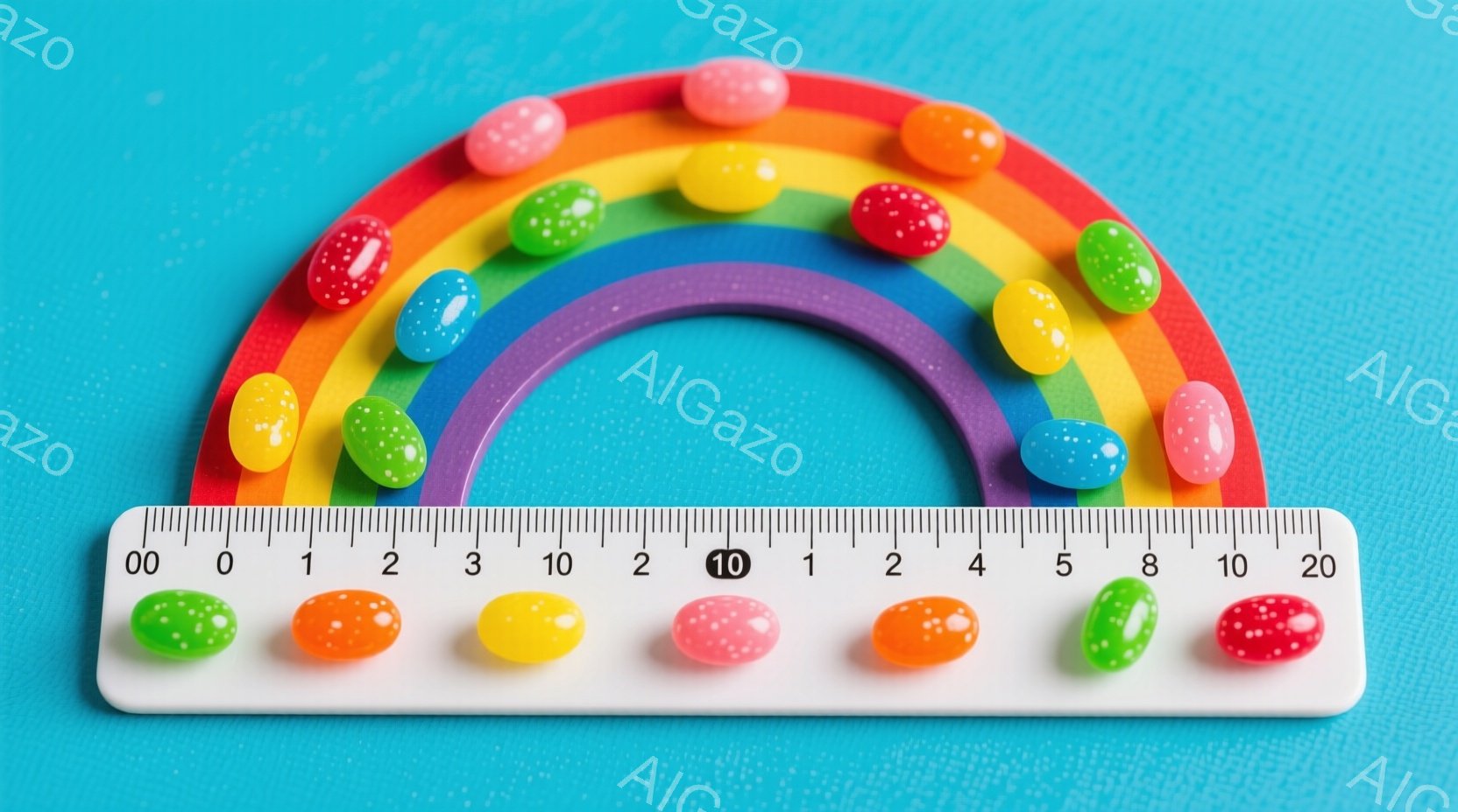 明るい青色の背景に、カラフルなキャンディーが白い定規の上に並べられています。キャンディーは虹の色順に配置されており、定規の目盛りに沿って配置されています。 全体的にポップで遊び心のある雰囲気で、お菓子 - AI生成フリー素材