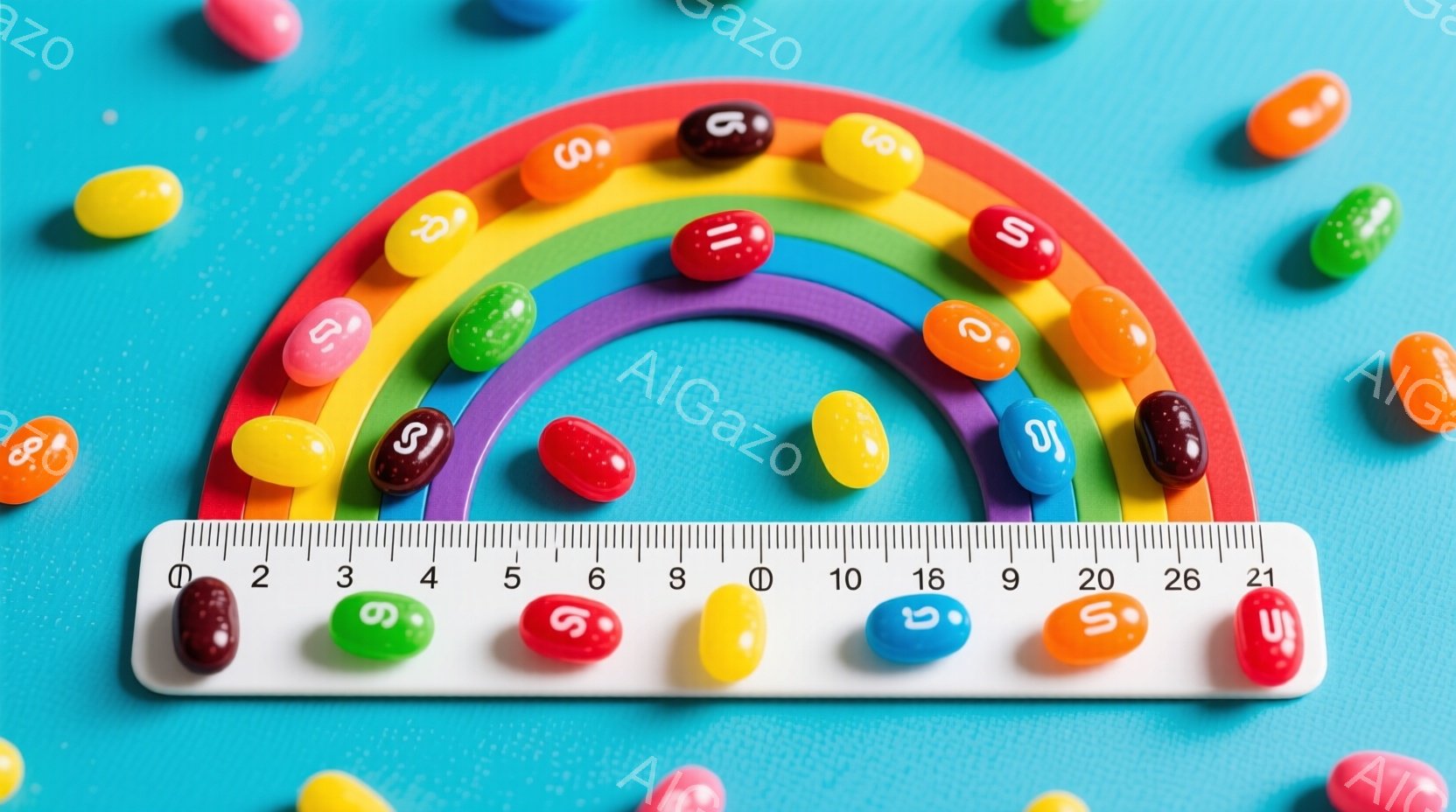 明るいターコイズブルーの背景に、虹色の積み木が置かれています。積み木のアーチの上と周囲には、様々な色のジェリービーンズが散らばっており、カラフルで遊び心のある雰囲気を醸し出しています。ジェリービーンズと積み木のコントラストが鮮やかで、見ている人を明るい気分にさせてくれます。