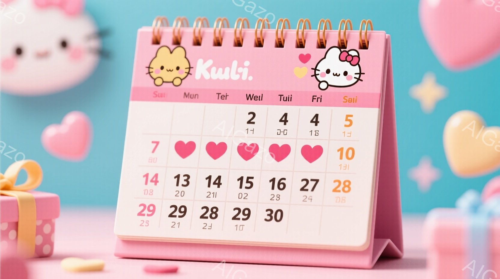 ピンク色の卓上カレンダーが、淡い青色の背景に浮かぶハート型の装飾に囲まれて配置されています。カレンダーには可愛らしいクマのイラストが描かれており、各月の日にちが並んでいます。全体的にパステルカラーで統一されており、柔らかく甘い雰囲気を醸し出しています。