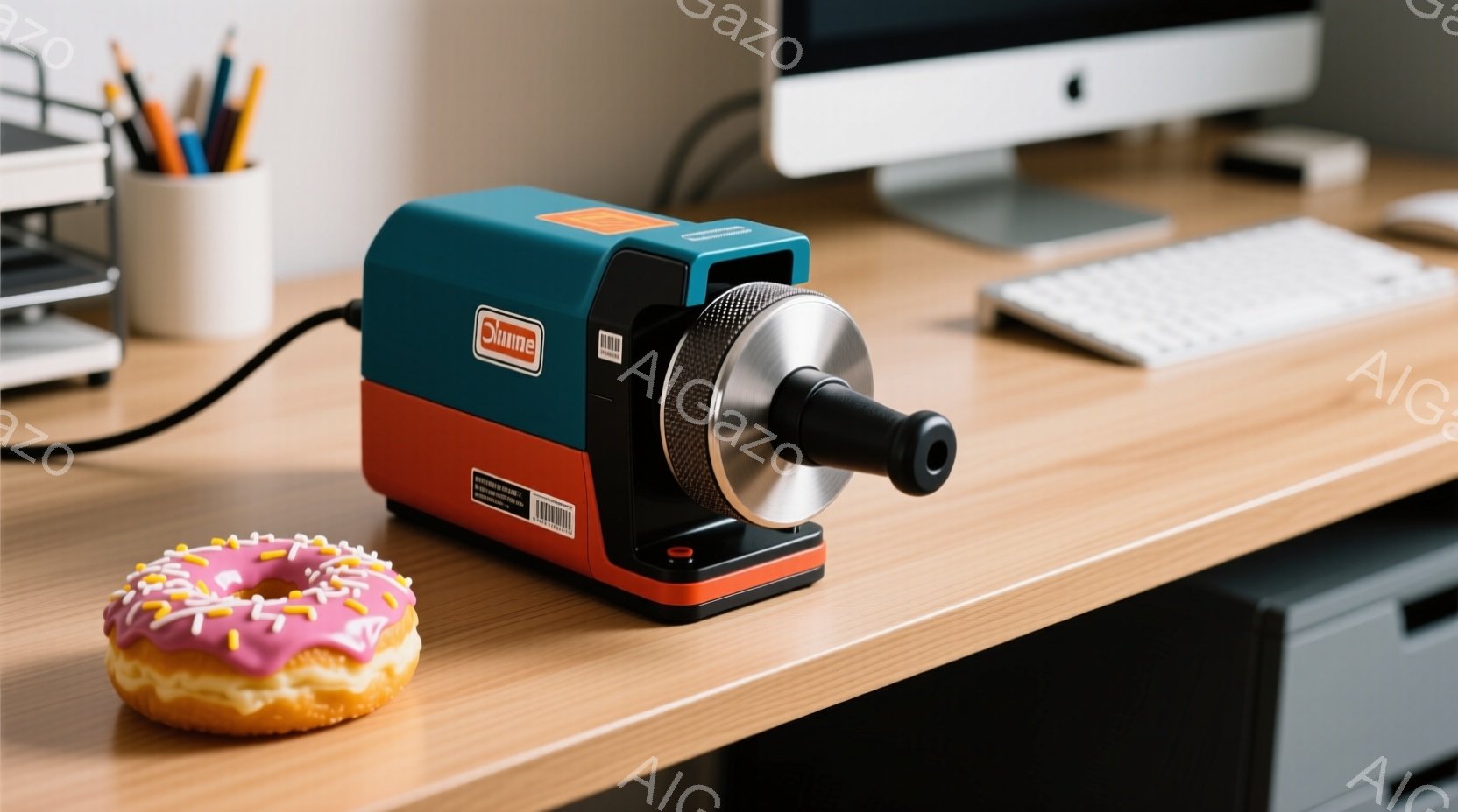 明るい木製の机の上に、カラフルなペンとドーナツ、そしてオレンジと水色の鉛筆削り機が置かれています。鉛筆削り機は現代的なデザインで、その横には美味しそうなピンク色のアイシングがかかったドーナツがあります。背景には、デスクトップコンピュータとキーボードが見え、明るく整理された作業スペースを連想させます。