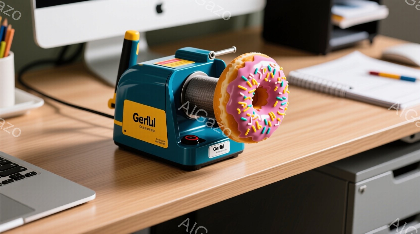 明るい木製の机の上に、ターコイズブルーの巻き上げ機が置かれており、その上にピンク色のアイシングとカラフルなスプリンクルが飾られたドーナツが乗っています。背景には、ノート、鉛筆、キーボード、引き出しなど - AI生成フリー素材