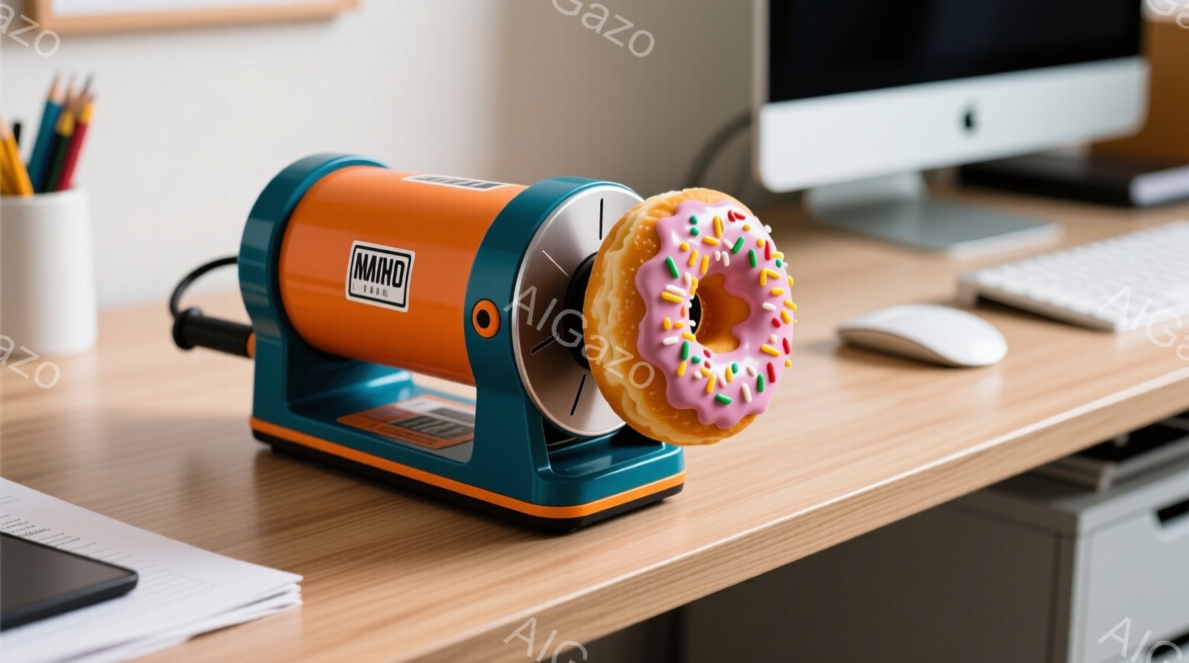 明るい木製のデスクの上に、ドーナツがセットされた小型のオレンジ色の機械が置かれています。ドーナツはピンク色で、カラフルなスプリンクルがトッピングされており、機械の回転軸に固定されています。背景には白い - AI生成フリー素材