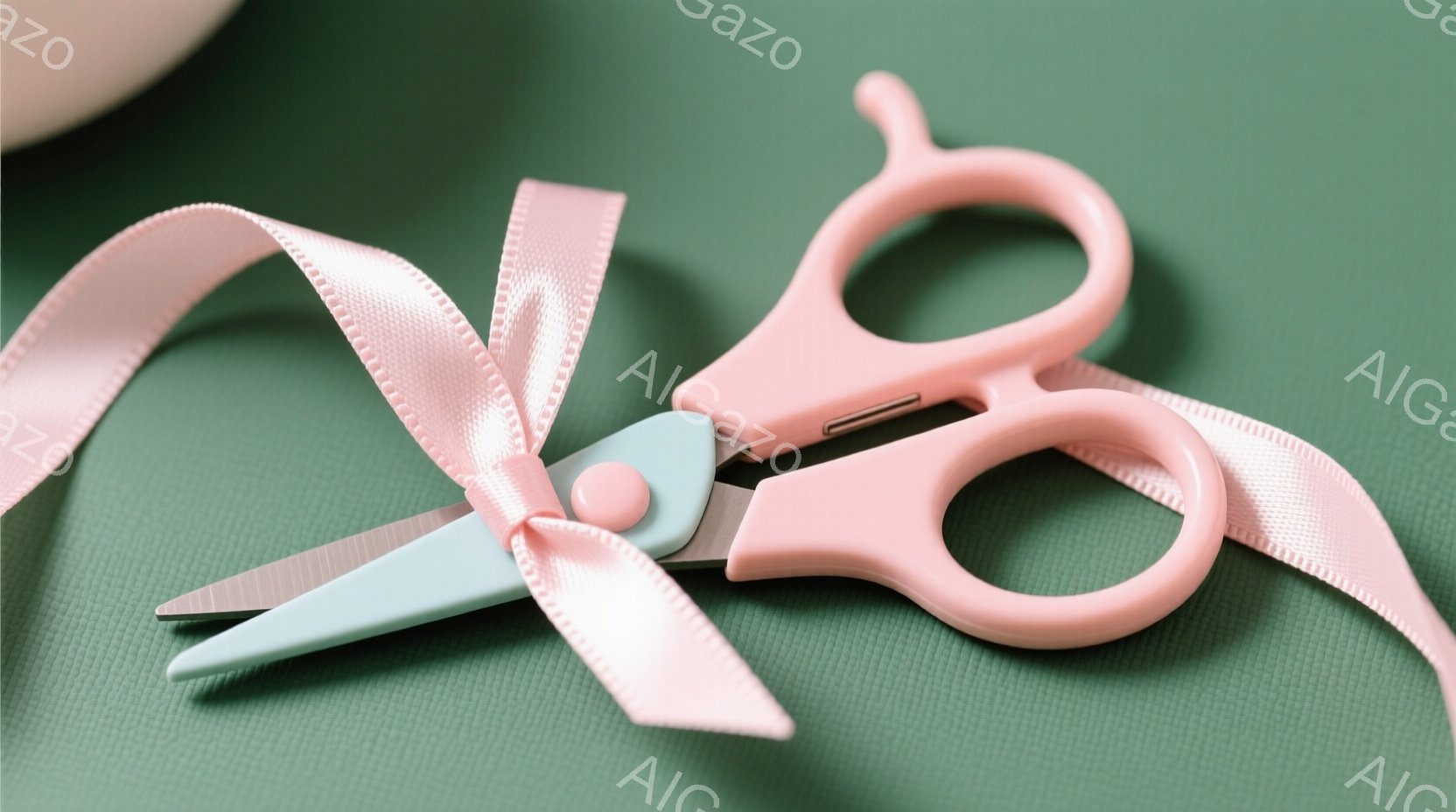 桃色のリボンが、水色の刃を持つ桃色のハサミを囲むように配置されている。背景は明るい緑色の布地で、全体的に柔らかく優しい雰囲気である。ハサミは開いており、リボンを切る瞬間を捉えているように見える。 - AI生成フリー素材