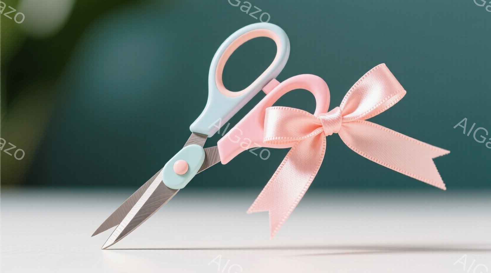 淡いピンク色のリボンが、磨き上げられた銀色のハサミによって切られている様子が写っている。ハサミはパステルブルーの持ち手で、白い台の上に影を落としている。背景はぼやけた柔らかな水色で、リボンとハサミが際立っている。