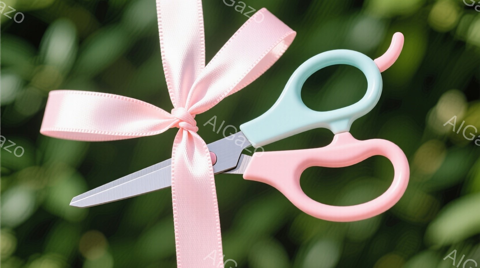 淡いピンクのリボンが結ばれており、その上にパステルブルーとピンクのバイカラーのハサミが置かれています。背景は緑豊かな葉っぱで、自然の中で何かを始める、または創造的な作業をする雰囲気を感じさせます。全体的に、柔らかく、優しく、そして穏やかな印象を与える画像です。