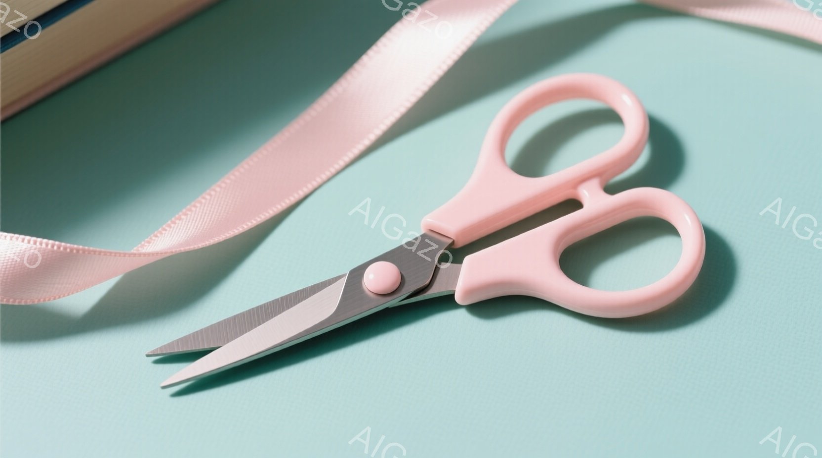 淡い水色の背景に、ピンク色のハサミとリボンが写っている。ハサミは金属製の刃を持ち、ピンク色のプラスチック製のグリップが付いている。リボンはハサミの近くでゆるやかに曲線を描き、全体的に柔らかく、穏やかな - AI生成フリー素材