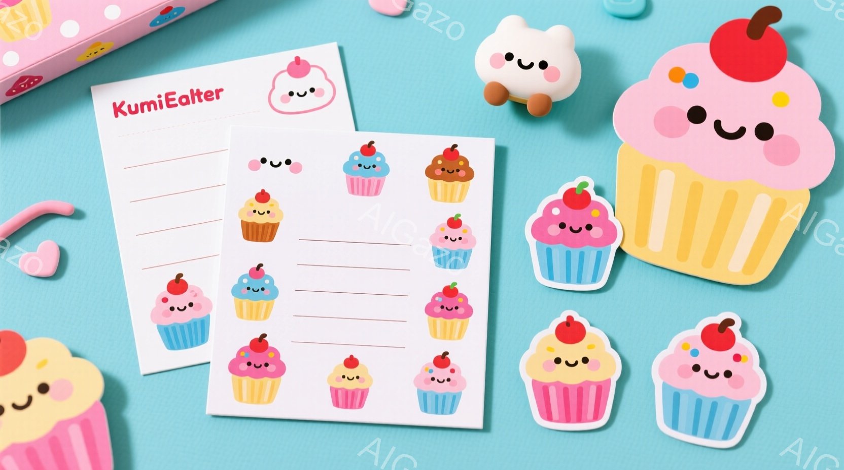 明るい水色の背景に、可愛らしいカップケーキのイラストや立体的なおもちゃが散りばめられています。カップケーキはそれぞれ異なる色合いのクリームとトッピングで、愛らしい表情をしています。全体的に甘くて優しい雰囲気で、お菓子好きな人にとって魅力的なビジュアルです。