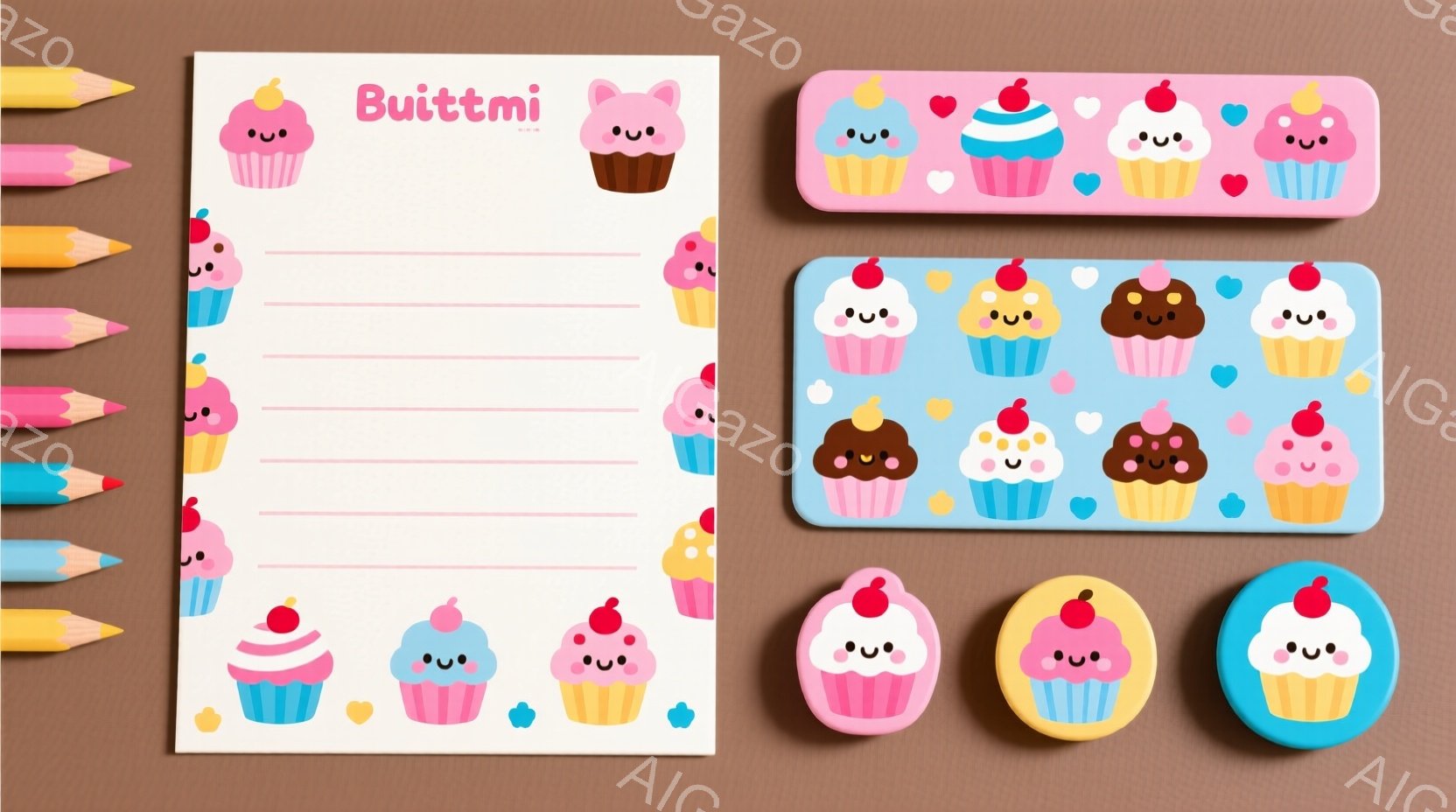 カラフルなカップケーキのパターンがデザインされた文房具が写っています。ノート、消しゴム、そしてボタンは、ピンク、水色、茶色のカップケーキが繰り返し描かれており、可愛らしい印象を与えます。背景にはカラフルなクレヨンが少しだけ写っており、全体的に明るく楽しい雰囲気が漂っています。