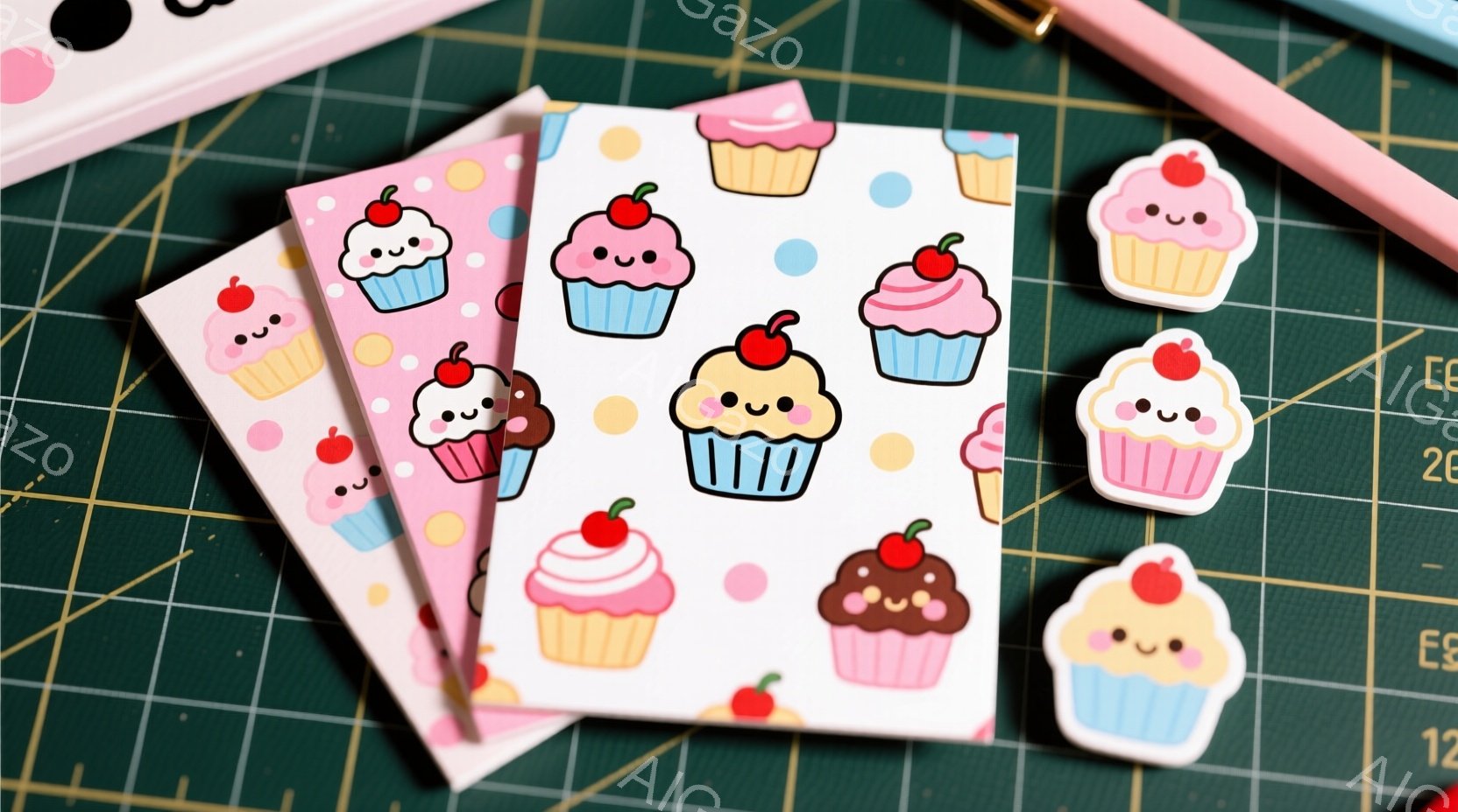 クリームとチェリーが飾られた可愛らしいカップケーキ柄のカードとステッカーが写っています。カードは明るいピンク色を基調とし、ステッカーは白地にカップケーキが描かれています。背景は緑色のマットで、全体的に甘くて優しい雰囲気が漂っています。