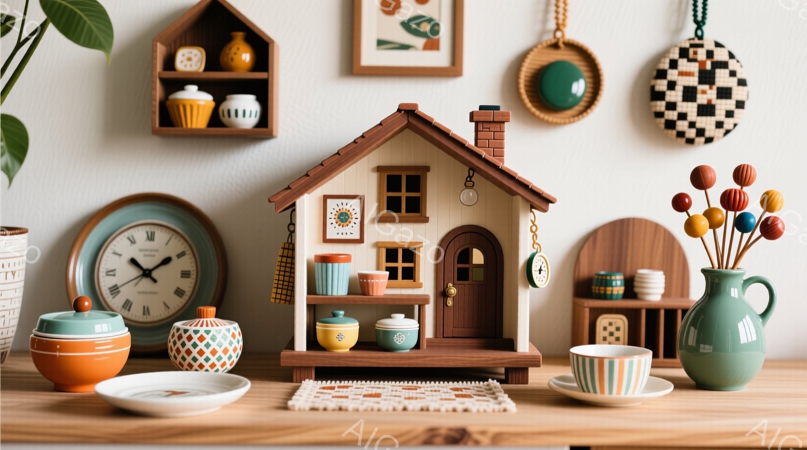 温かみのある木製の背景に、ミニチュアの可愛らしい家が置かれています。家を取り囲むように、カラフルな食器や装飾品が配置され、レトロでノスタルジックな雰囲気を醸し出しています。全体的に穏やかで心地よい、居 - AI生成フリー素材