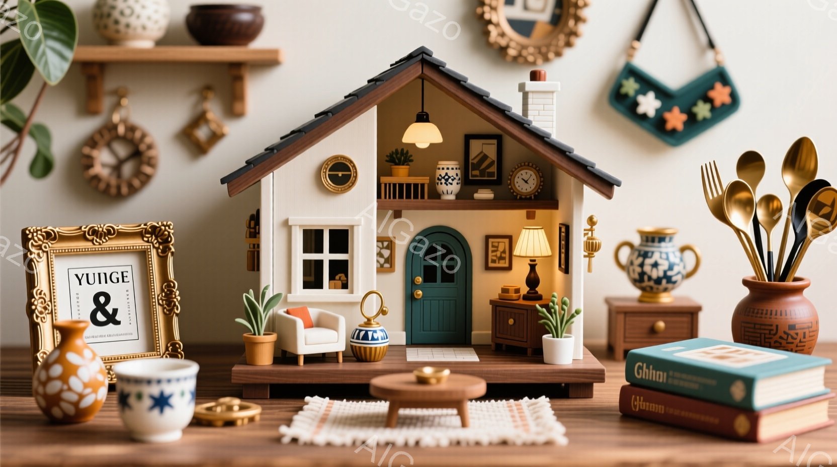 精巧なミニチュアの家が、木製の棚の上に置かれている様子が描かれている。家はターコイズブルーのアクセントが入った温かみのあるベージュ色で、窓からは柔らかな光が漏れ、室内には小さな家具や植物が配置されている。背景には、装飾的なフレーム、食器類、そして積み重ねられた本が置かれ、全体的にノスタルジックで心地よい雰囲気を醸し出している。