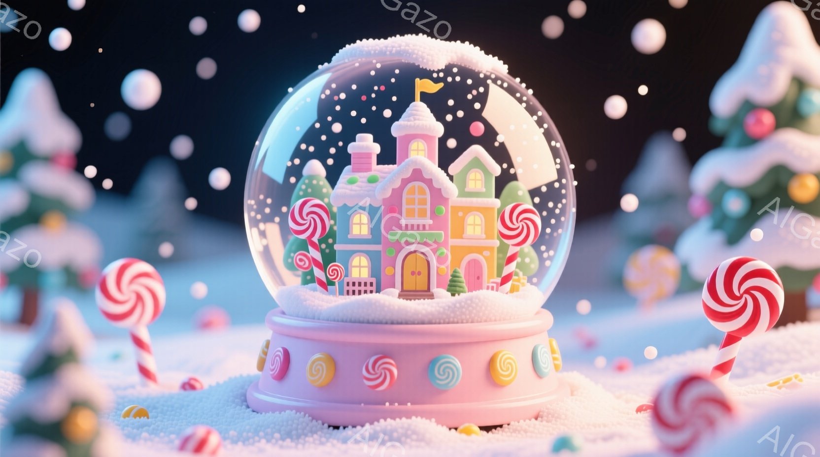 雪が降る夜、ピンク色の台座に乗った雪の玉の中に、お菓子の家が可愛らしく配置されています。家はキャンディケーンやカラフルな飾りが施され、まるで夢のような世界が広がっています。周りにはキャンディケーンや雪の木が散りばめられ、温かく幻想的な雰囲気を醸し出しています。