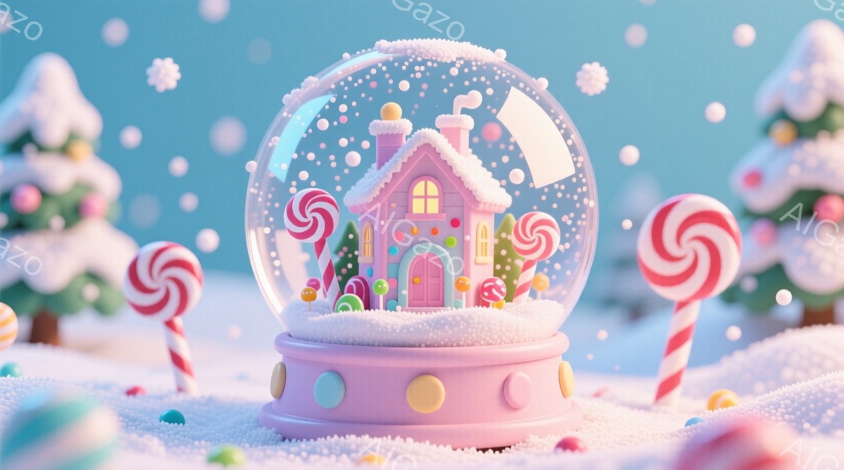 鮮やかなピンク色の雪だるまのような台座の上に、雪の降るファンタジーな世界が閉じ込められたスノーグローブがあります。ピンク色の可愛らしい家屋が、キャンディケーンやカラフルな丸いお菓子に囲まれ、まるで夢の - AI生成フリー素材