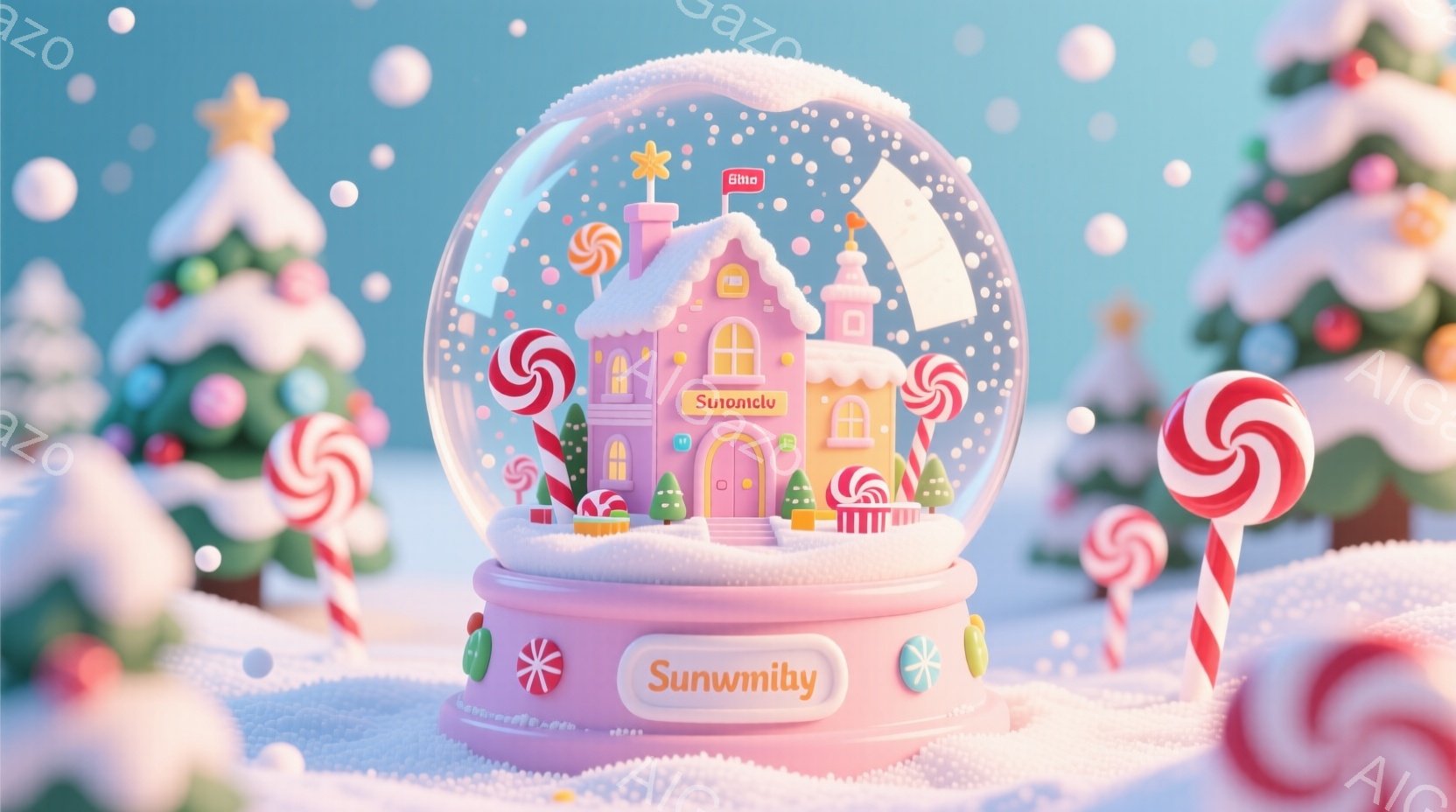 雪が降る冬の風景の中に、可愛らしいスノーグローブが置かれています。スノーグローブの中にはピンク色の家と、キャンディケーンやクリスマスツリーが配置され、おとぎ話のような世界観を演出しています。全体的にパ - AI生成フリー素材